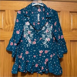 Suzanne Betro Blue Ruffled 3/4 Sleeve Blouse
